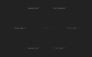 Preview of the Know Where To Run project, fic/interactive page, with 6 sections of a fic forming a hexagon over a faded out middle button that says US