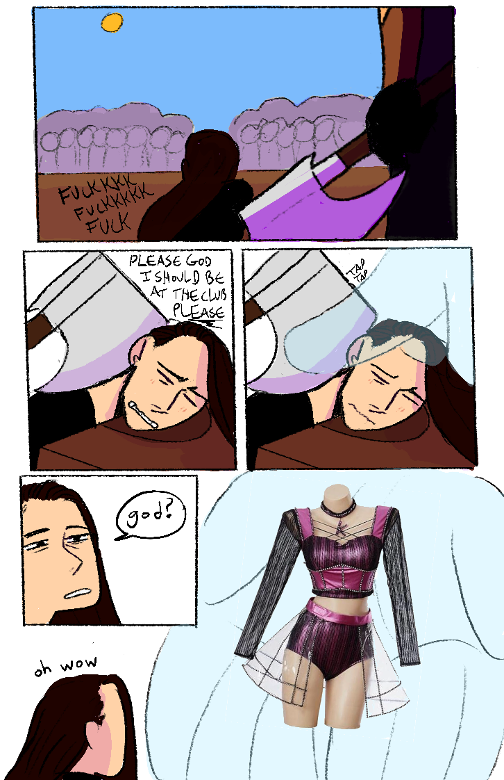 Comic of Katherine Howard about to be beheaded where she's thinking 'Please God I should be at the club please' and getting greeted by her club dance outfit from Six the Musical.