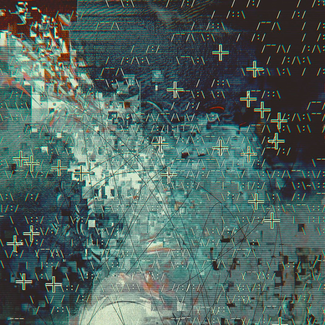Teal abstract glitch art full of colons, slashes, and symbols.